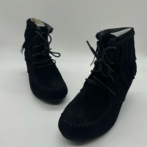 Top Moda Boots Womens 6.5‎ Black Moc Toe Lace Up Wedge Moccasin Bootie NEW - Picture 1 of 9